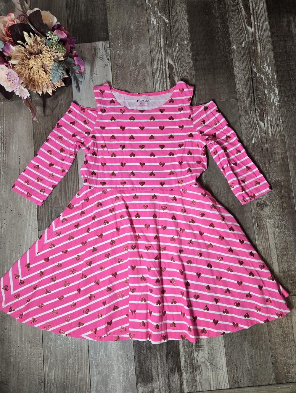 PLACE Girls' Pink Heart Striped Cold-Shoulder Dress Size XXL 16 100% Cotton NWOT
